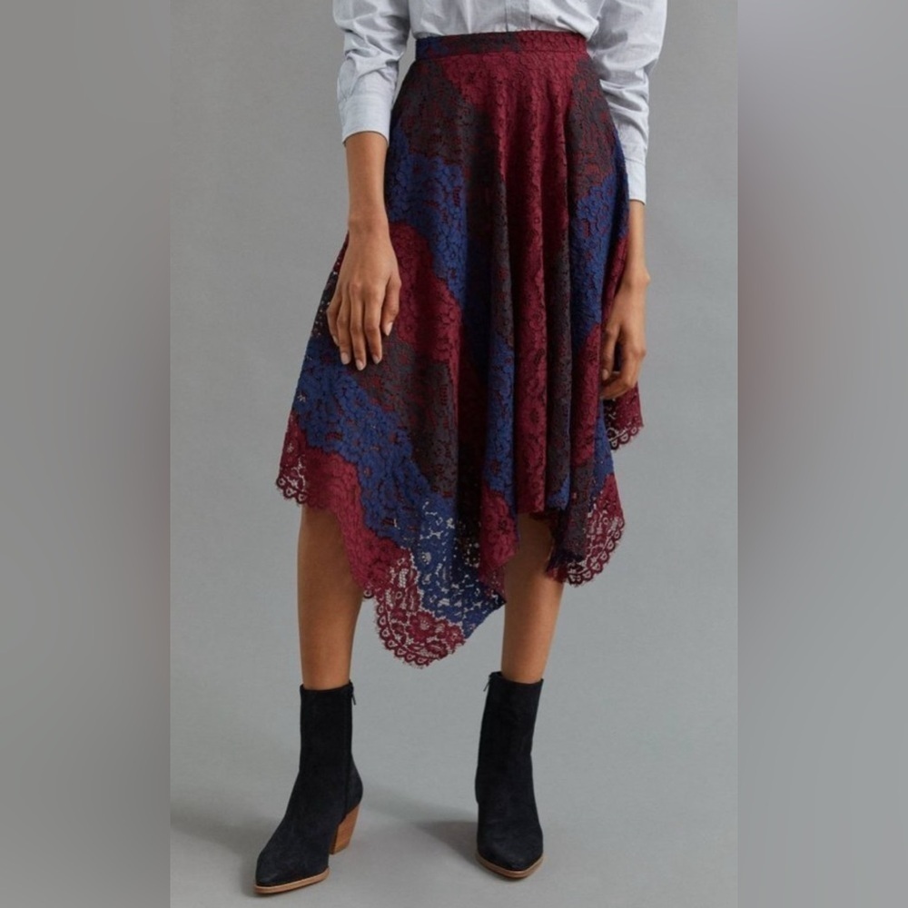 Anthro Sachin & Babi Lace Handkerchief Asymmetric Midi Skirt size 14 Red Blue